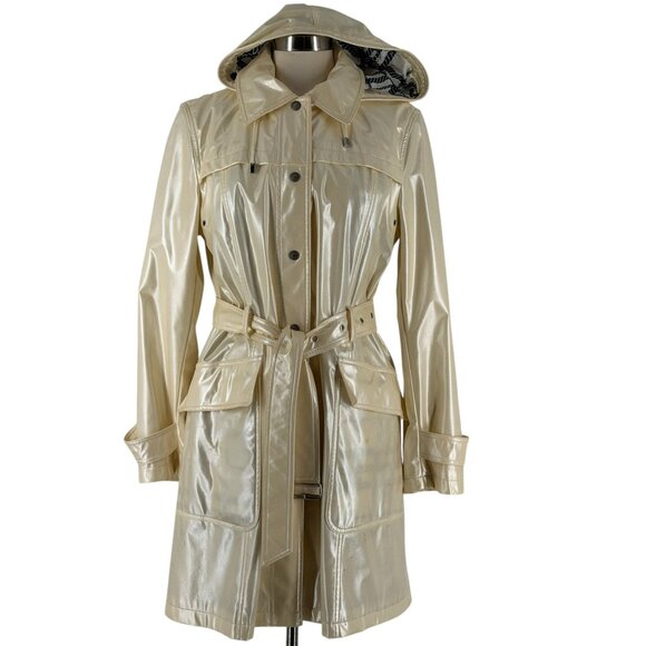 Burberry Bonnie Belt Raincoat Iridescent Cream Detachable Hood Snap Size 12 READ - Picture 2 of 16